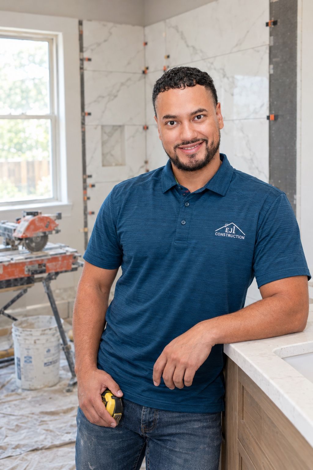 Estiven “Steven” Quiroz in a navy EJ1 polo, holding a tape measure in a bathroom under renovation